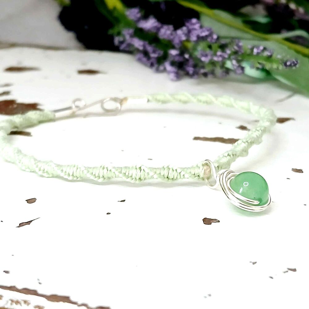 Aventurine Macrame Crystal Charm Bracelet, Dainty Boho Chic Pastel